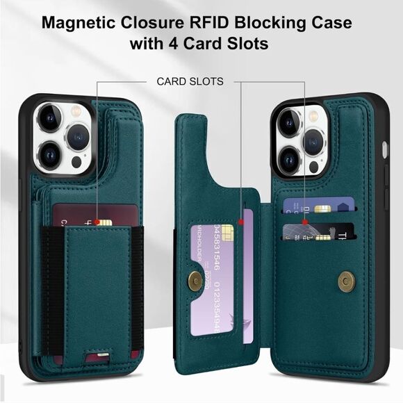 Green iPhone 15 Pro Leather Wallet Case RFID Blocking Magnetic Closure - Picture 5 of 5